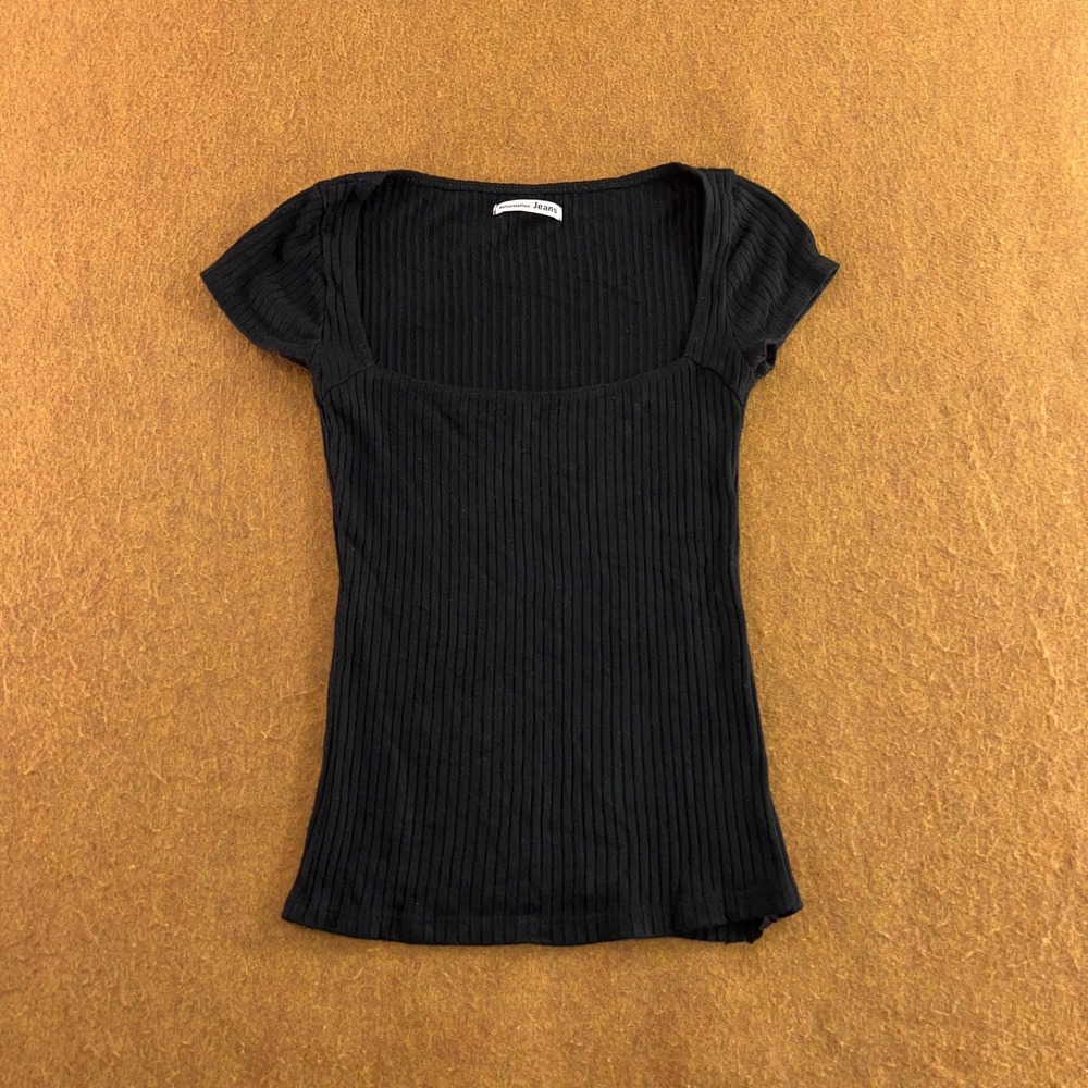 Reformation Womens XS Black Ribbed Square Neck Short Sleeve Top New